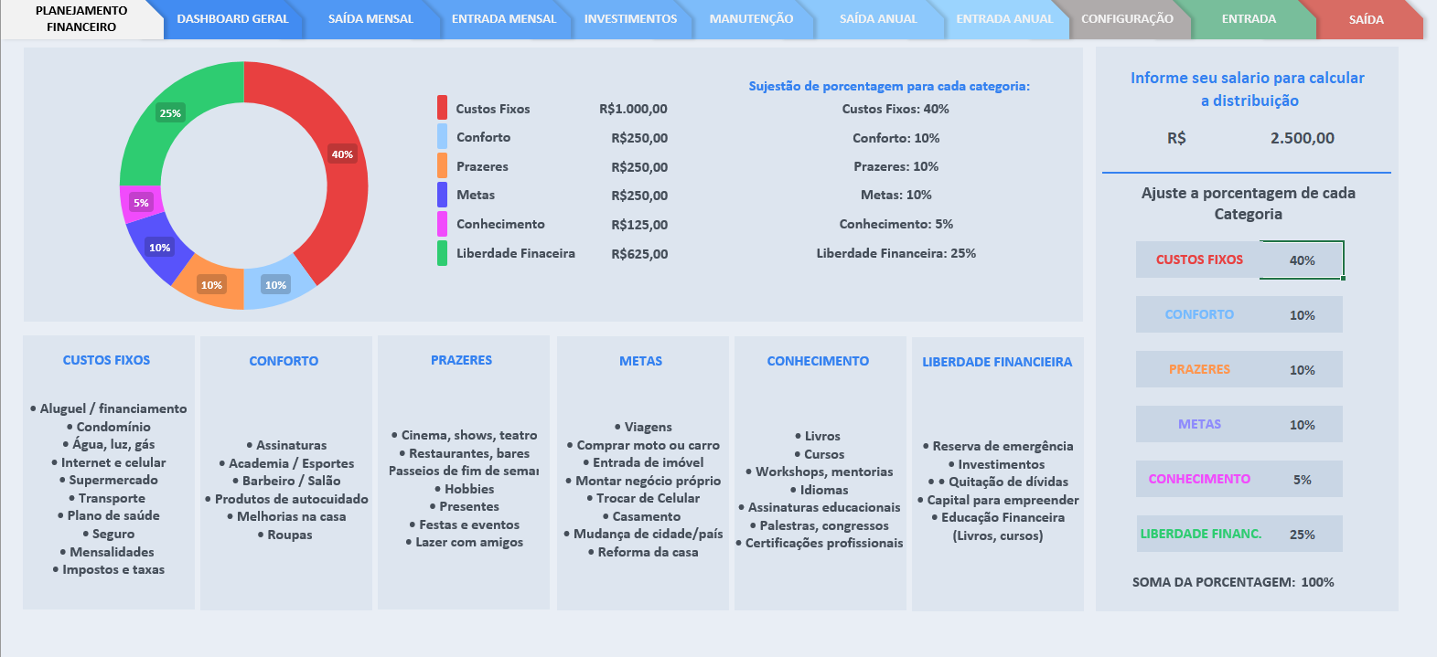 Visualização da planilha — modo claro ou escuro.