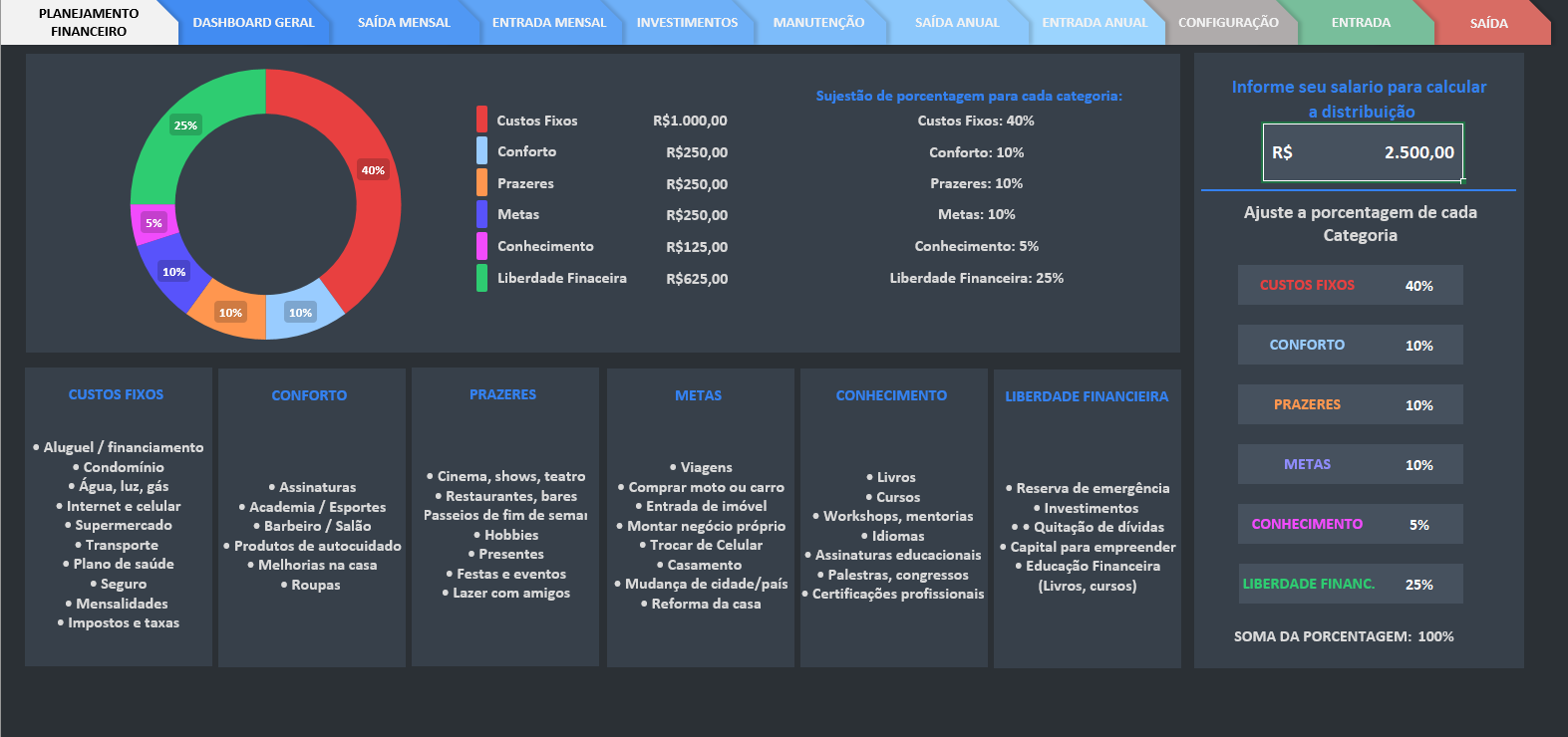 Visualização da planilha — modo claro ou escuro.